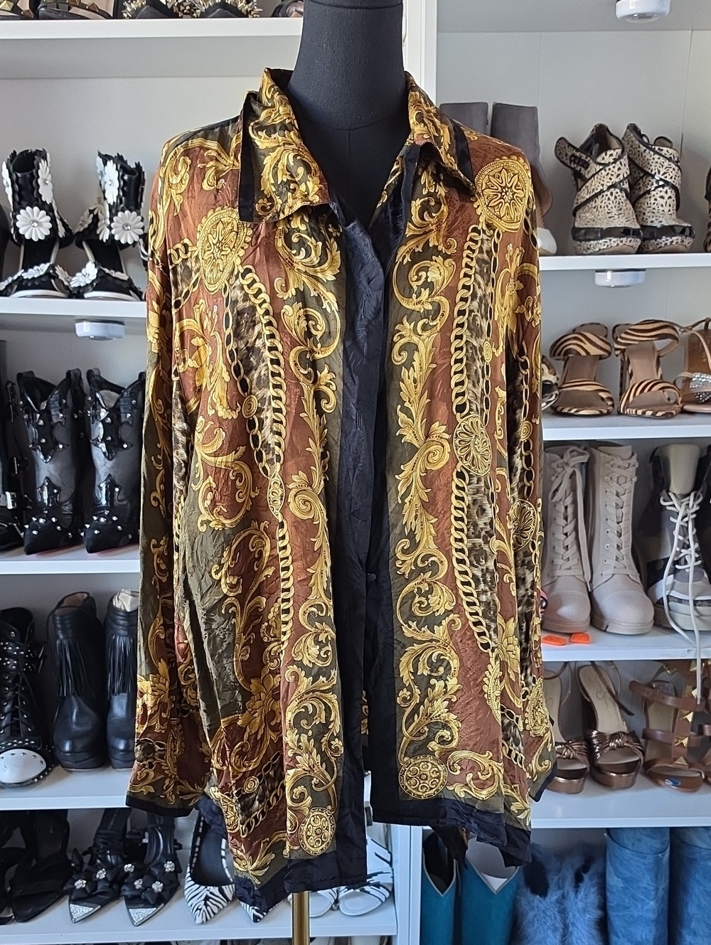Vintage Corey B Baroque-Print Gold & Brown Women's Shirt